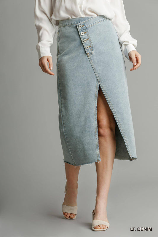 Asymmetrical Waist And Button Up Front Split Denim Skirt With Back Pockets And Unfinished Hem - Absolute Fashion 2020