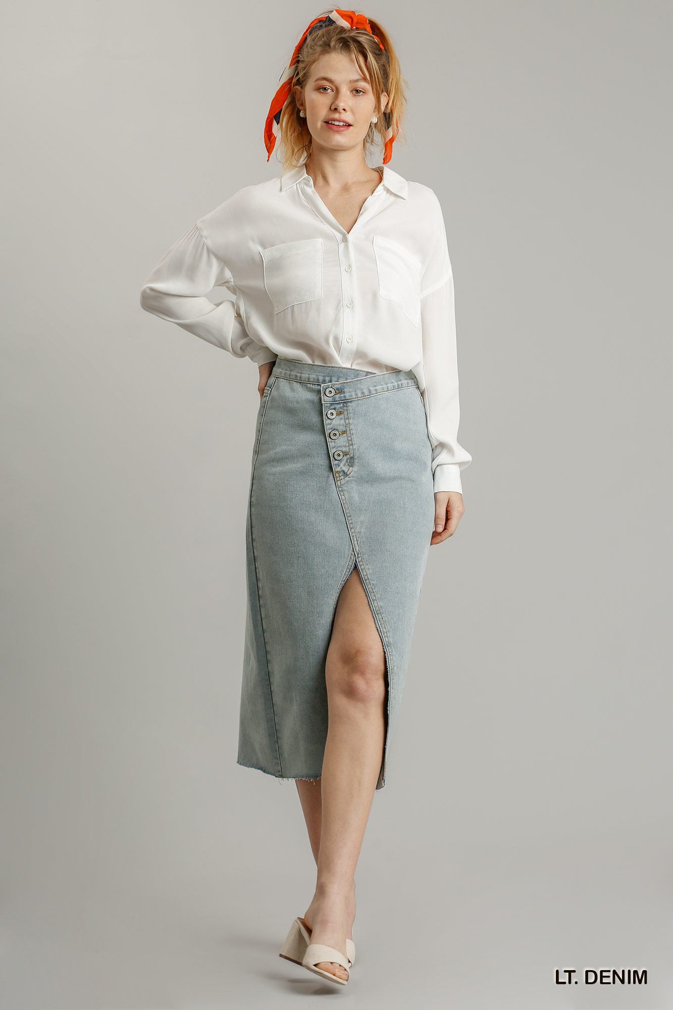 Asymmetrical Waist And Button Up Front Split Denim Skirt With Back Pockets And Unfinished Hem - Absolute Fashion 2020