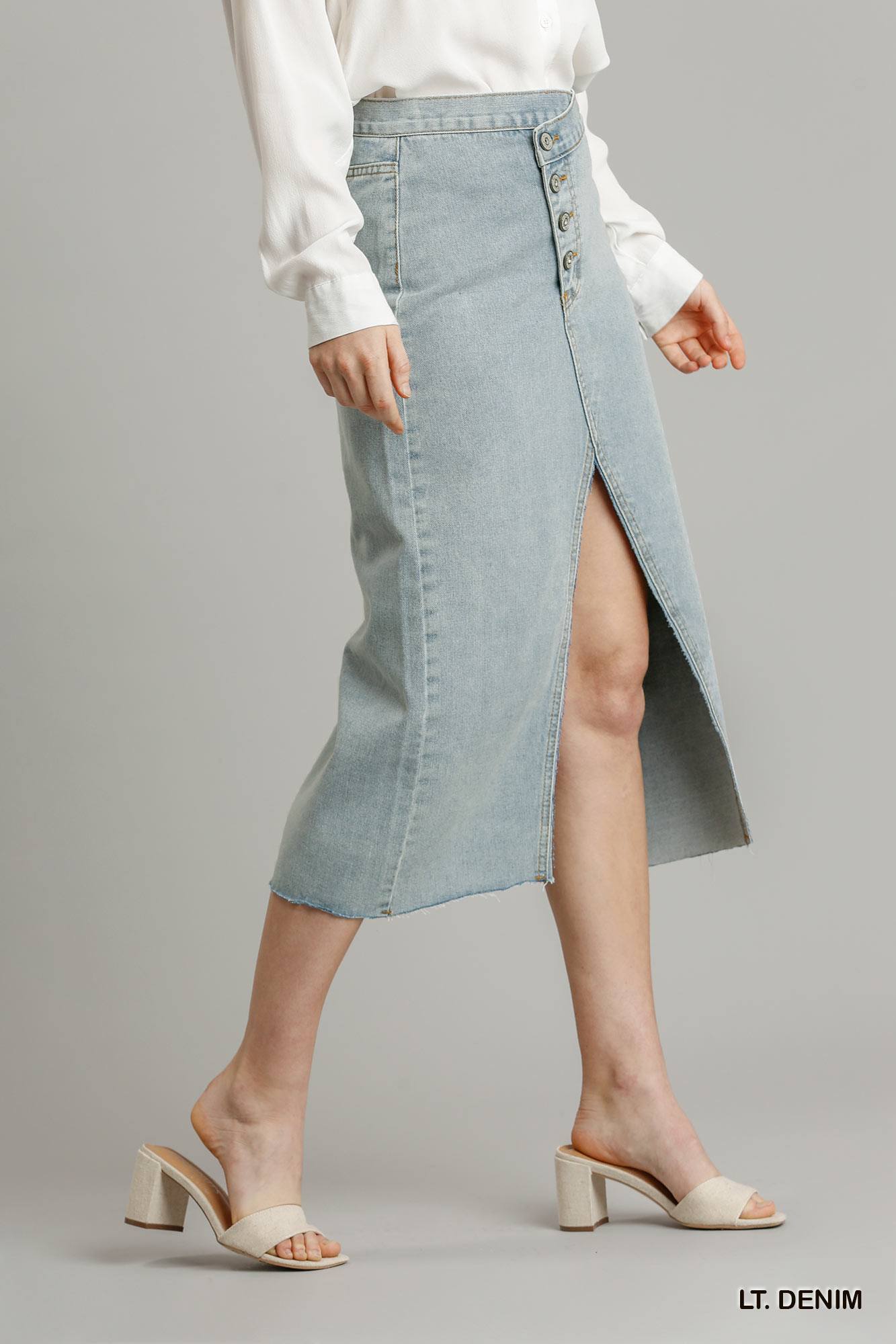 Asymmetrical Waist And Button Up Front Split Denim Skirt With Back Pockets And Unfinished Hem - Absolute Fashion 2020