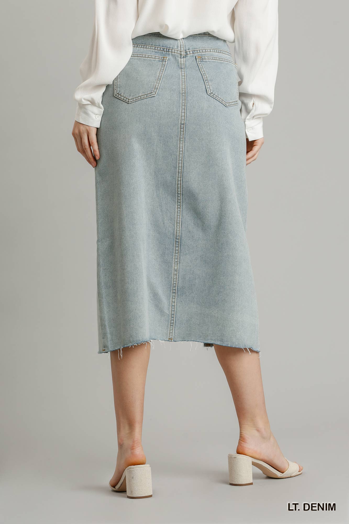 Asymmetrical Waist And Button Up Front Split Denim Skirt With Back Pockets And Unfinished Hem - Absolute Fashion 2020
