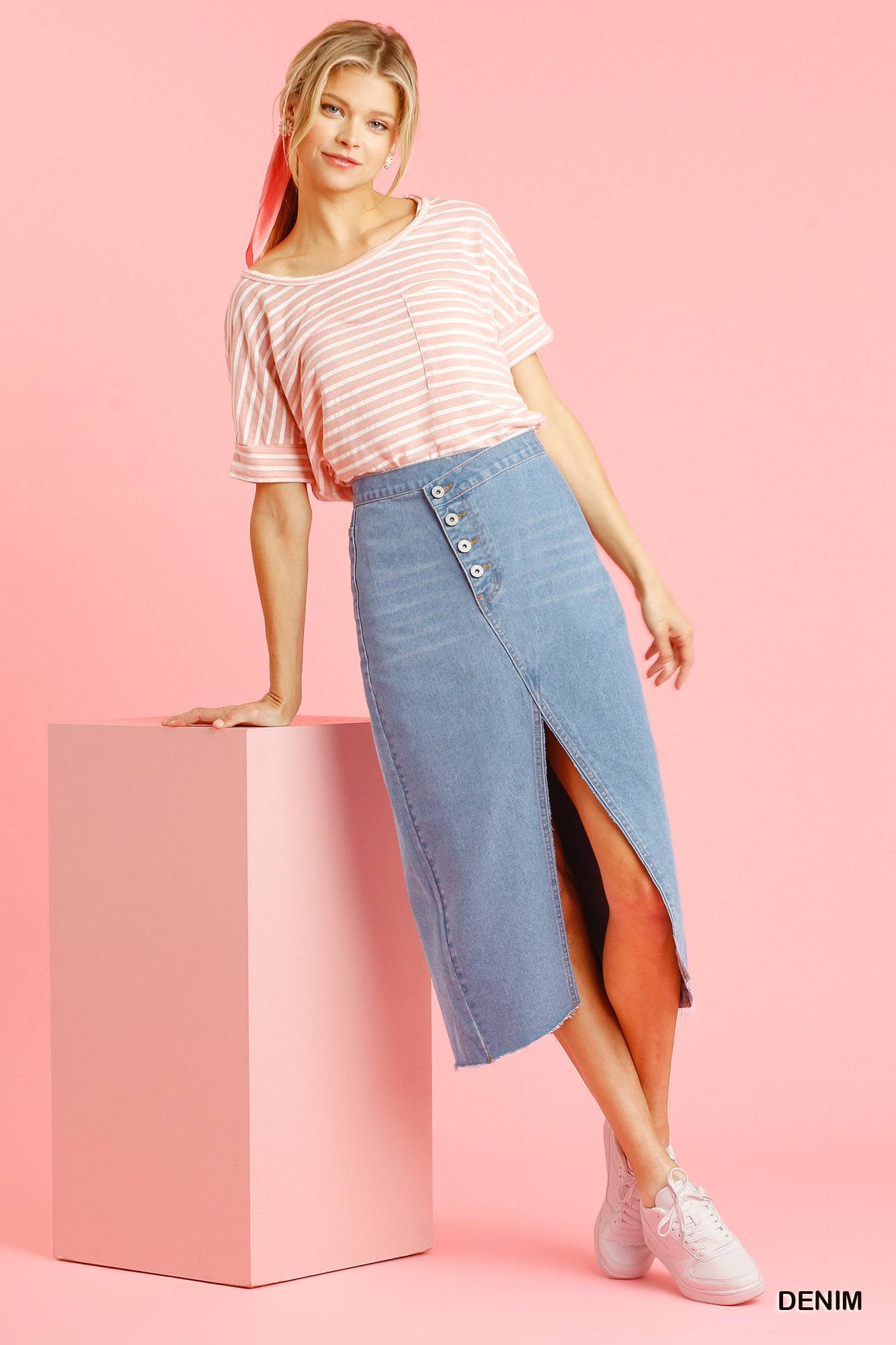 Asymmetrical Waist And Button Up Front Split Denim Skirt With Back Pockets And Unfinished Hem - Absolute Fashion 2020