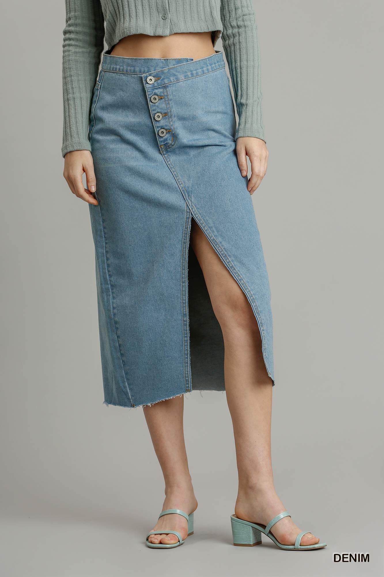 Asymmetrical Waist And Button Up Front Split Denim Skirt With Back Pockets And Unfinished Hem - Absolute Fashion 2020