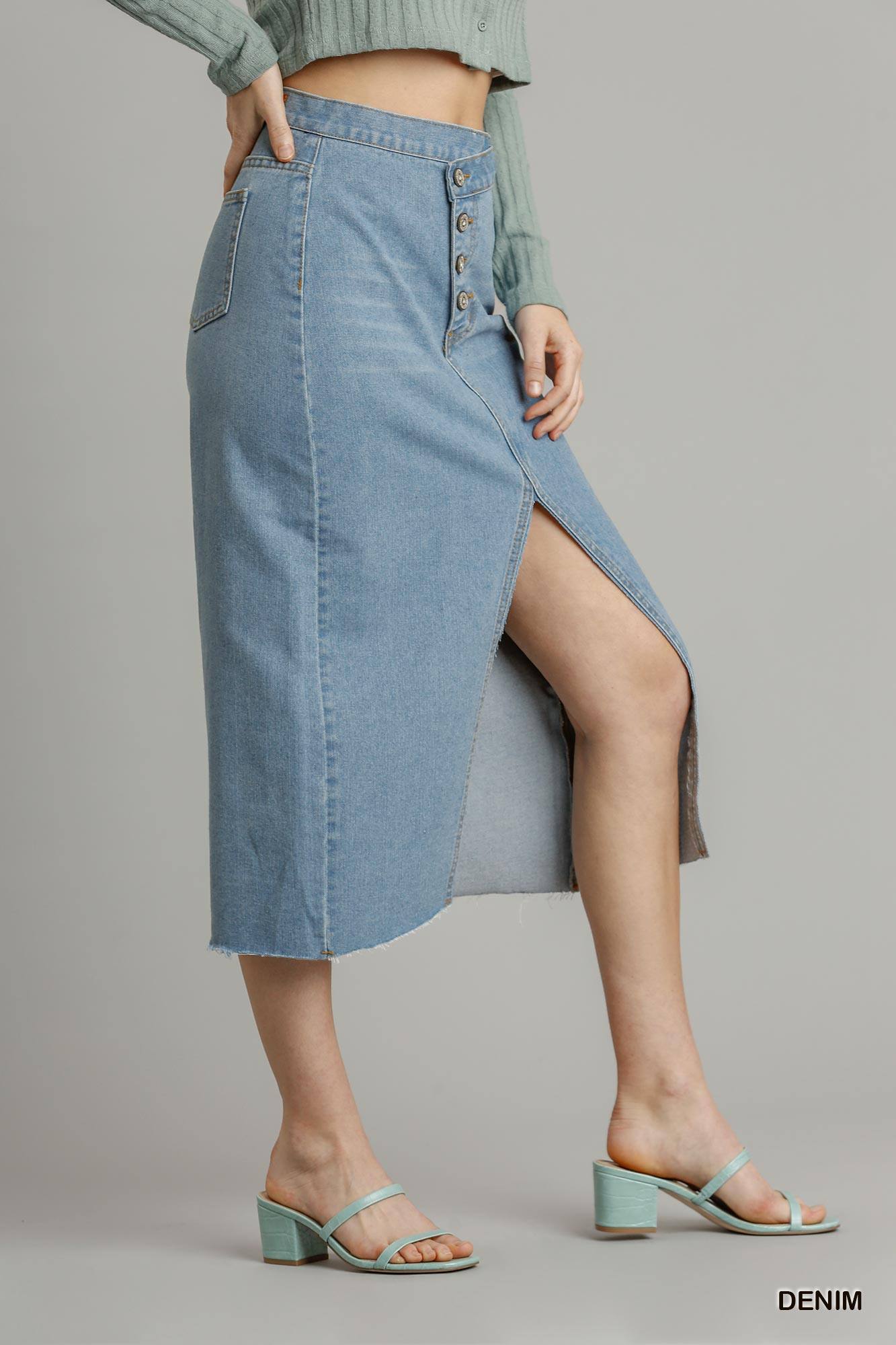 Asymmetrical Waist And Button Up Front Split Denim Skirt With Back Pockets And Unfinished Hem - Absolute Fashion 2020