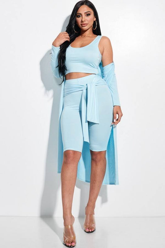 Solid Knit Sleeveless Tank Top, Tie Front Biker Shorts And Duster 3 Piece Set - Absolute Fashion 2020