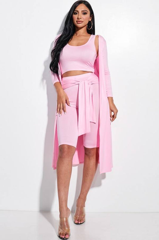 Solid Knit Sleeveless Tank Top, Tie Front Biker Shorts And Duster 3 Piece Set - Absolute Fashion 2020