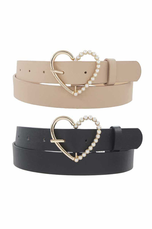 Half Pearl Pave Outline Heart Buckle Duo Belt - Absolute Fashion 2020