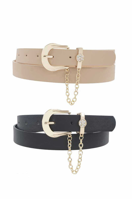 Rhinestone Circle Pave Chain Looped Duo Buckle Belt - Absolute Fashion 2020