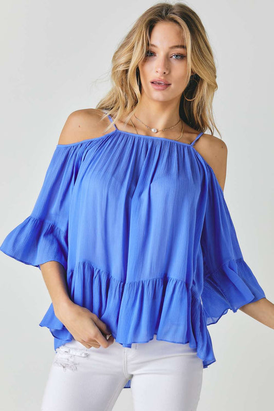 Ruffled Cold Shoulder Sheer Blouse Top - Absolute Fashion 2020
