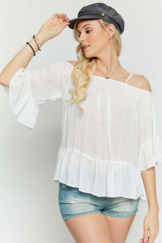 Ruffled Cold Shoulder Sheer Blouse Top - Absolute Fashion 2020