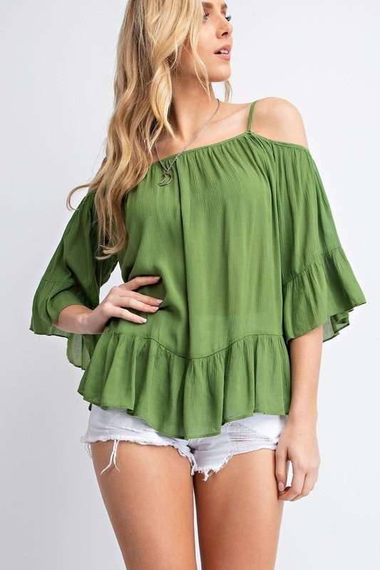 Ruffled Cold Shoulder Sheer Blouse Top - Absolute Fashion 2020