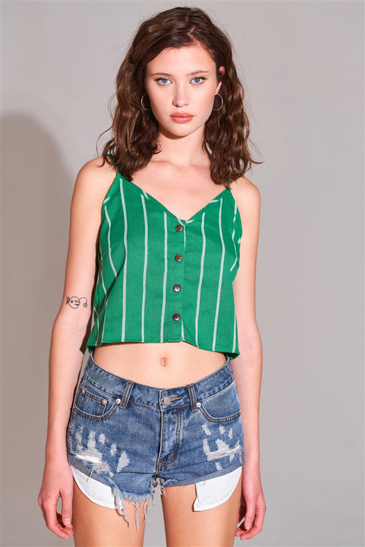 Green & White Striped Sleeveless V-neck Button-down Front Crop Top - Absolute Fashion 2020
