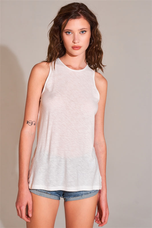 Sleeveless Crew Neck Cut-out Back Detail Longline Top - Absolute Fashion 2020