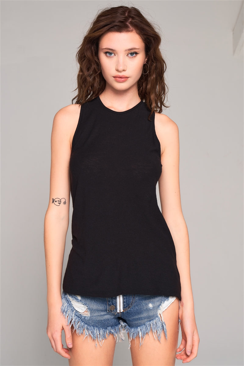 Sleeveless Crew Neck Cut-out Back Detail Longline Top - Absolute Fashion 2020