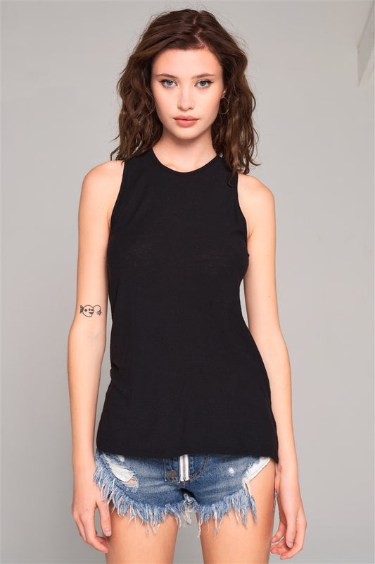 Sleeveless Crew Neck Cut-out Back Detail Longline Top - Absolute Fashion 2020