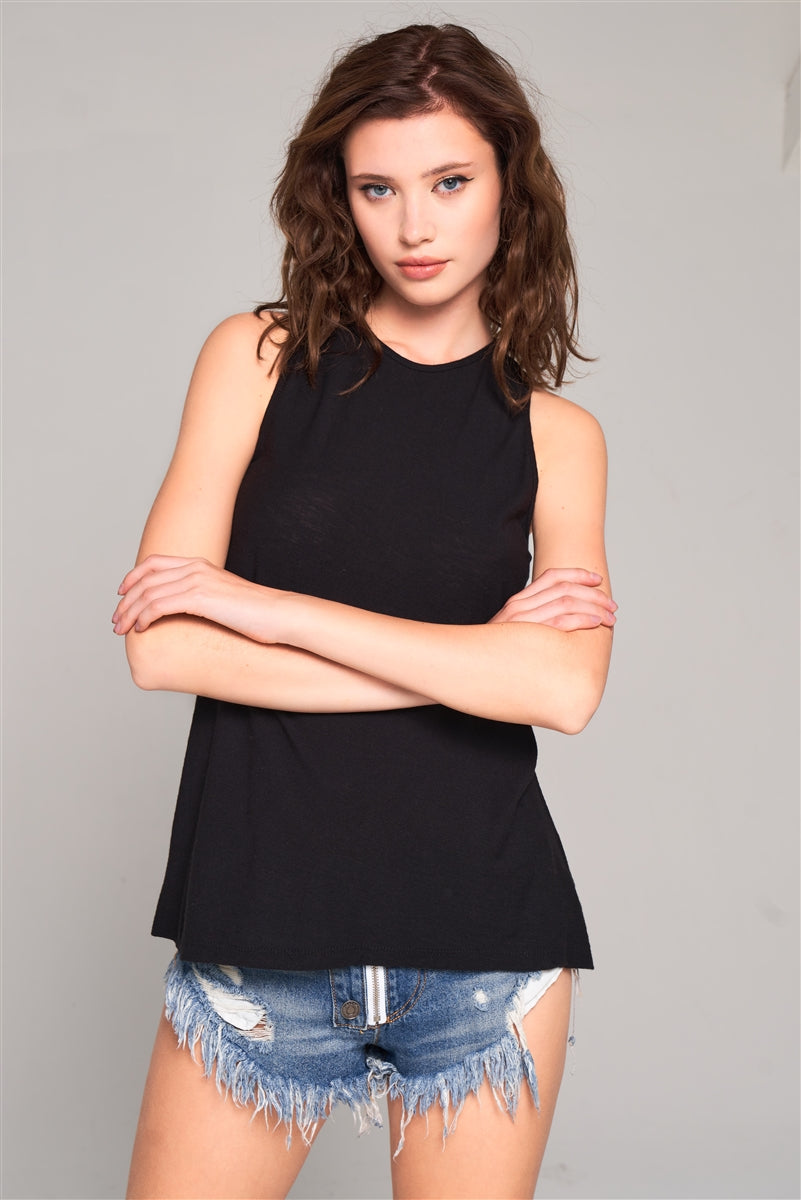 Sleeveless Crew Neck Cut-out Back Detail Longline Top - Absolute Fashion 2020