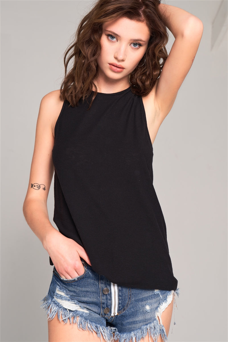 Sleeveless Crew Neck Cut-out Back Detail Longline Top - Absolute Fashion 2020