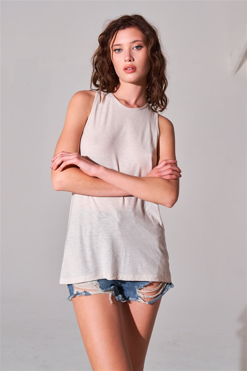 Sleeveless Crew Neck Cut-out Back Detail Longline Top - Absolute Fashion 2020
