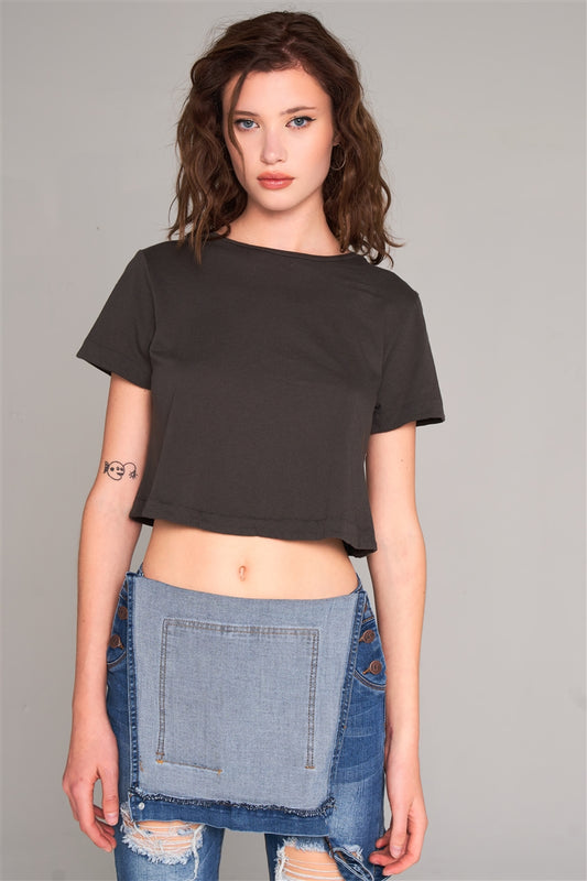 Short Sleeve Round Neck Petal Split Back Detail Crop Tee - Absolute Fashion 2020