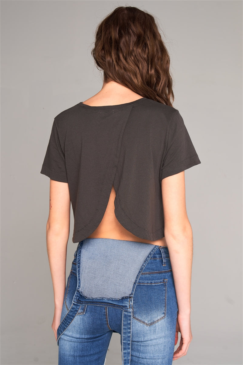 Short Sleeve Round Neck Petal Split Back Detail Crop Tee - Absolute Fashion 2020