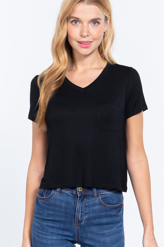 Short Slv V-neck W/pocket Crop Top - Absolute Fashion 2020