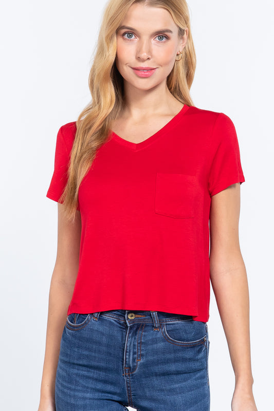 Short Slv V-neck W/pocket Crop Top - Absolute Fashion 2020