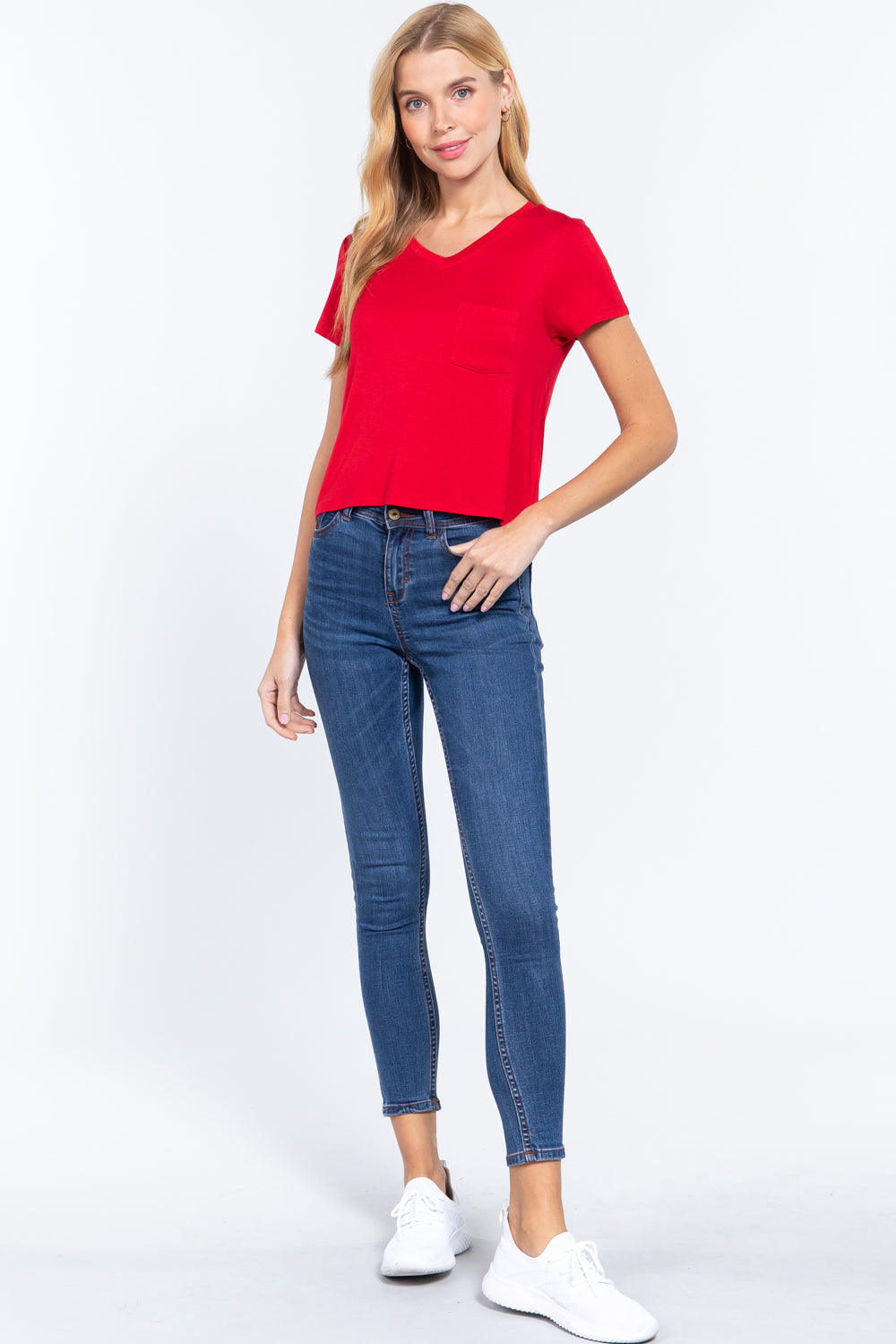 Short Slv V-neck W/pocket Crop Top - Absolute Fashion 2020