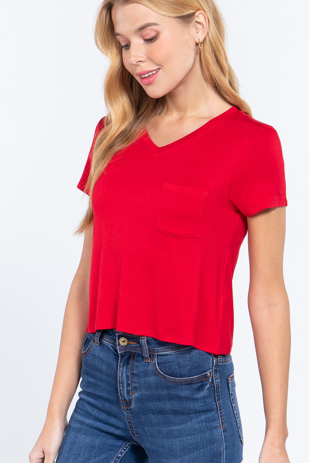Short Slv V-neck W/pocket Crop Top - Absolute Fashion 2020