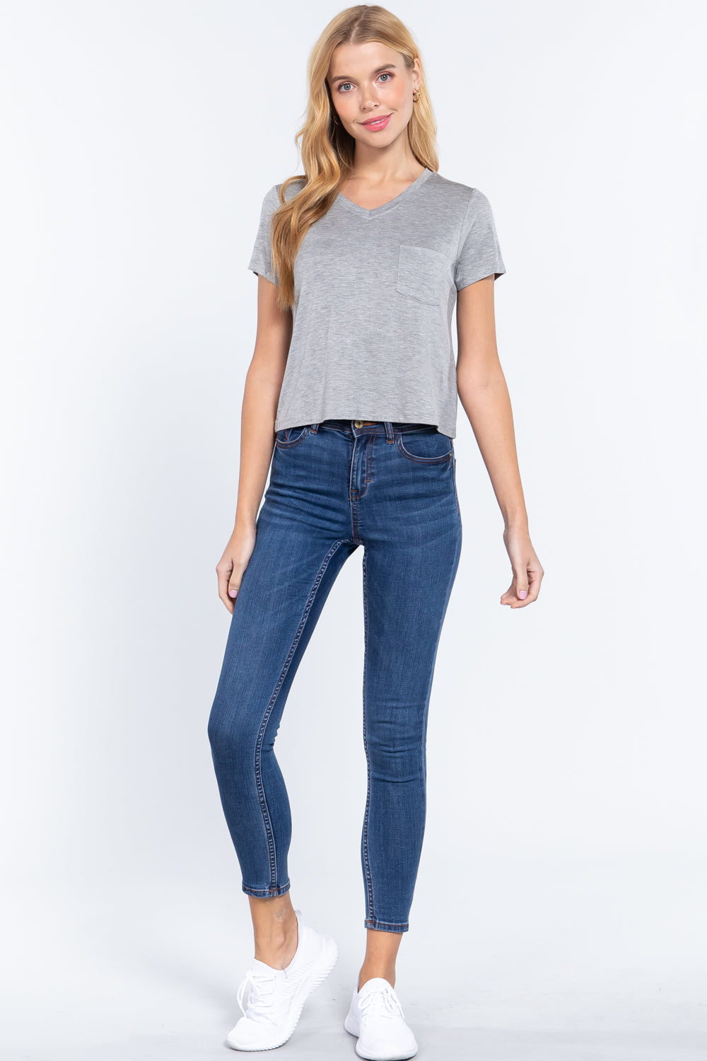 Short Slv V-neck W/pocket Crop Top - Absolute Fashion 2020