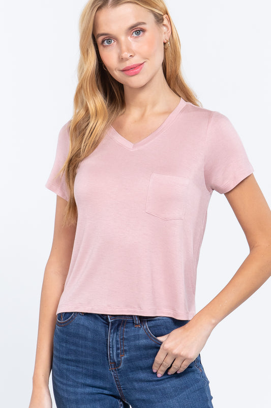 Short Slv V-neck W/pocket Crop Top - Absolute Fashion 2020