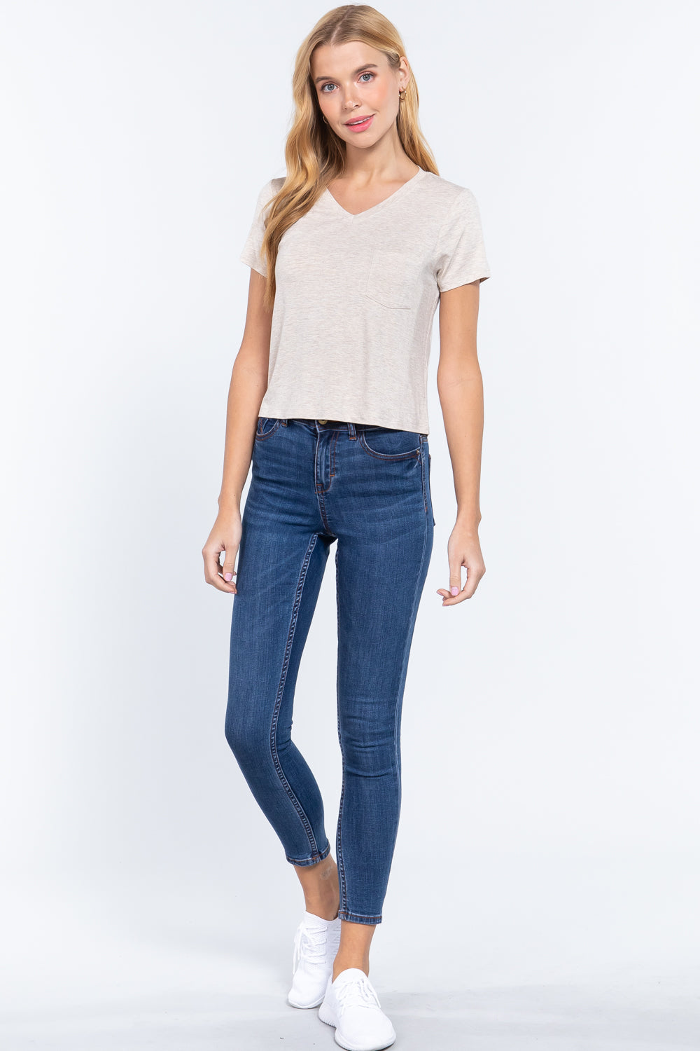Short Slv V-neck W/pocket Crop Top - Absolute Fashion 2020