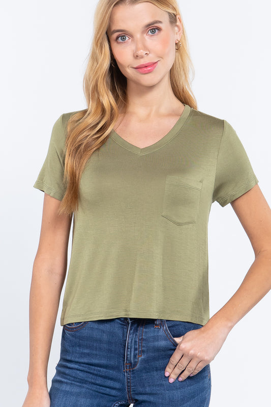 Short Slv V-neck W/pocket Crop Top - Absolute Fashion 2020