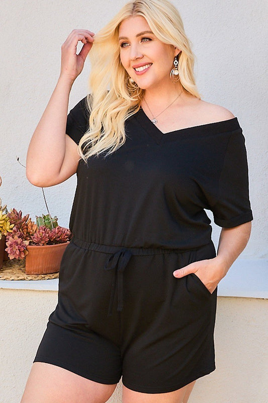 V Neck Short Raglan Sleeve Waist Elastic Band Side Pocket Solid French Terry Romper - Absolute Fashion 2020