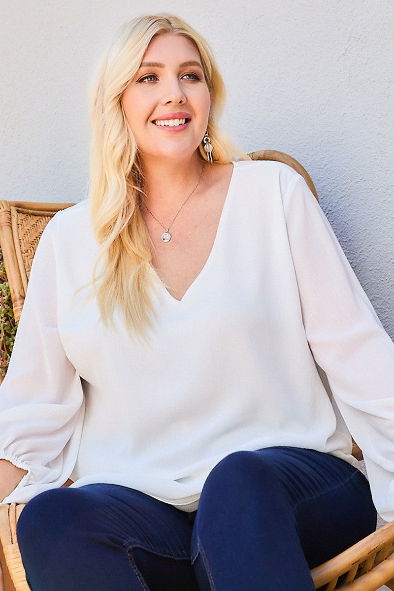 V Neck Bubble Sleeve Solid Top - Absolute Fashion 2020