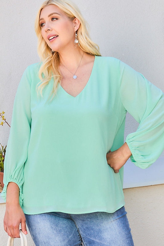 V Neck Bubble Sleeve Solid Top - Absolute Fashion 2020