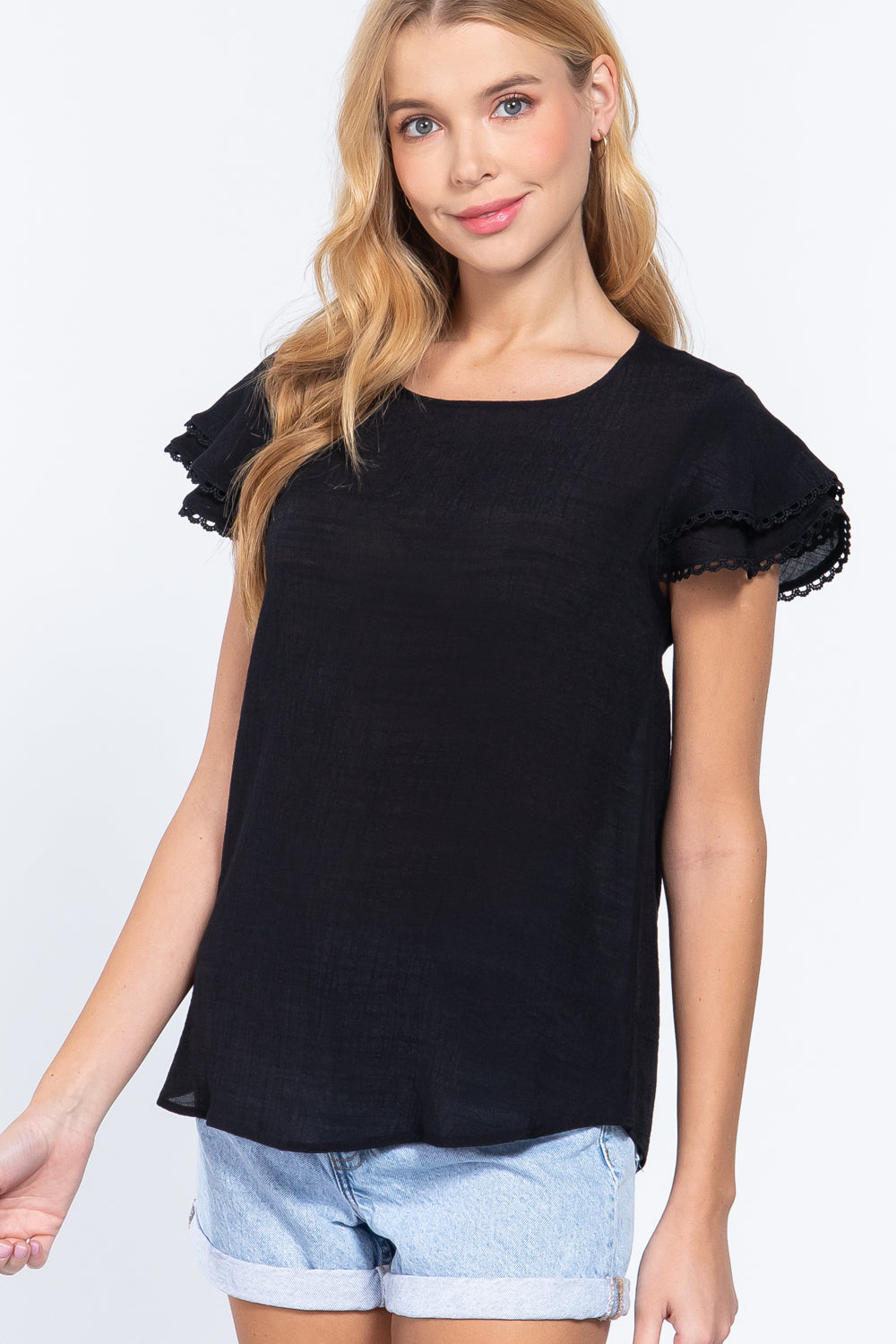 Short Cap Ruffl Slv Woven Top - Absolute Fashion 2020