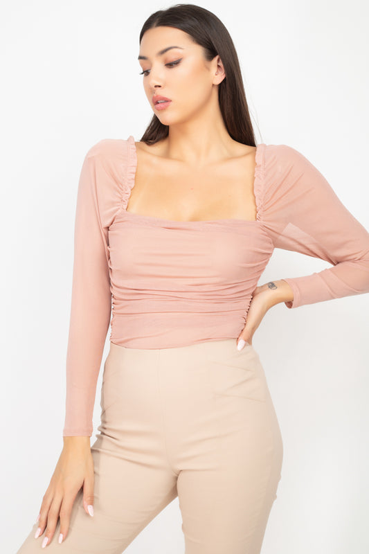 Square Neck Ruching Mesh Bodysuit - Absolute Fashion 2020