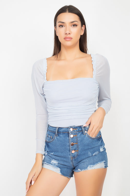 Square Neck Ruching Mesh Bodysuit - Absolute Fashion 2020