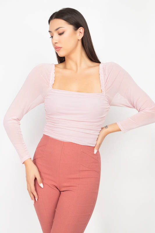 Square Neck Ruching Mesh Bodysuit - Absolute Fashion 2020
