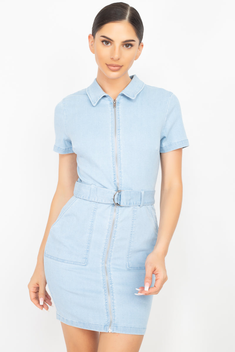 Belted Bodycon Collared Denim Dress - Absolute Fashion 2020