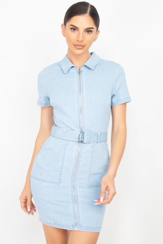 Belted Bodycon Collared Denim Dress - Absolute Fashion 2020