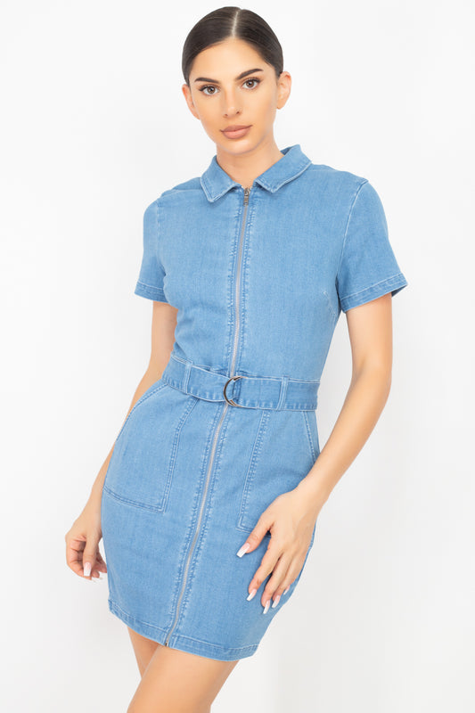 Belted Bodycon Collared Denim Dress - Absolute Fashion 2020