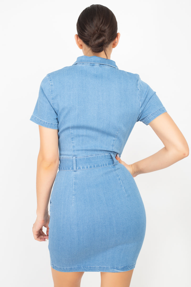 Belted Bodycon Collared Denim Dress - Absolute Fashion 2020