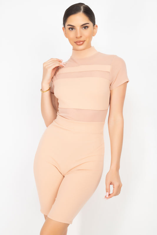 Stripe Mesh Mock Neck Biker Romper - Absolute Fashion 2020