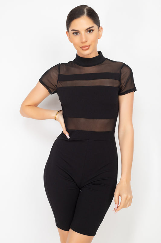 Stripe Mesh Mock Neck Biker Romper - Absolute Fashion 2020