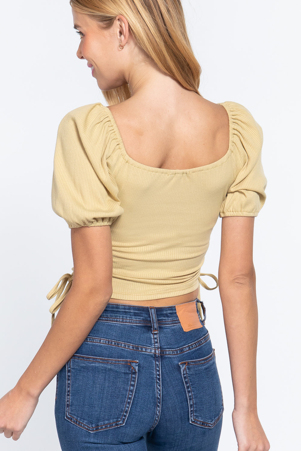 Puff Slv Side Shirring Rib Knit Top - Absolute Fashion 2020