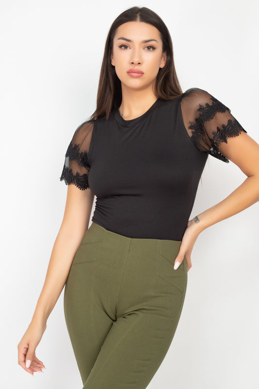 Round Neck Lace Puff Sleeves Top - Absolute Fashion 2020