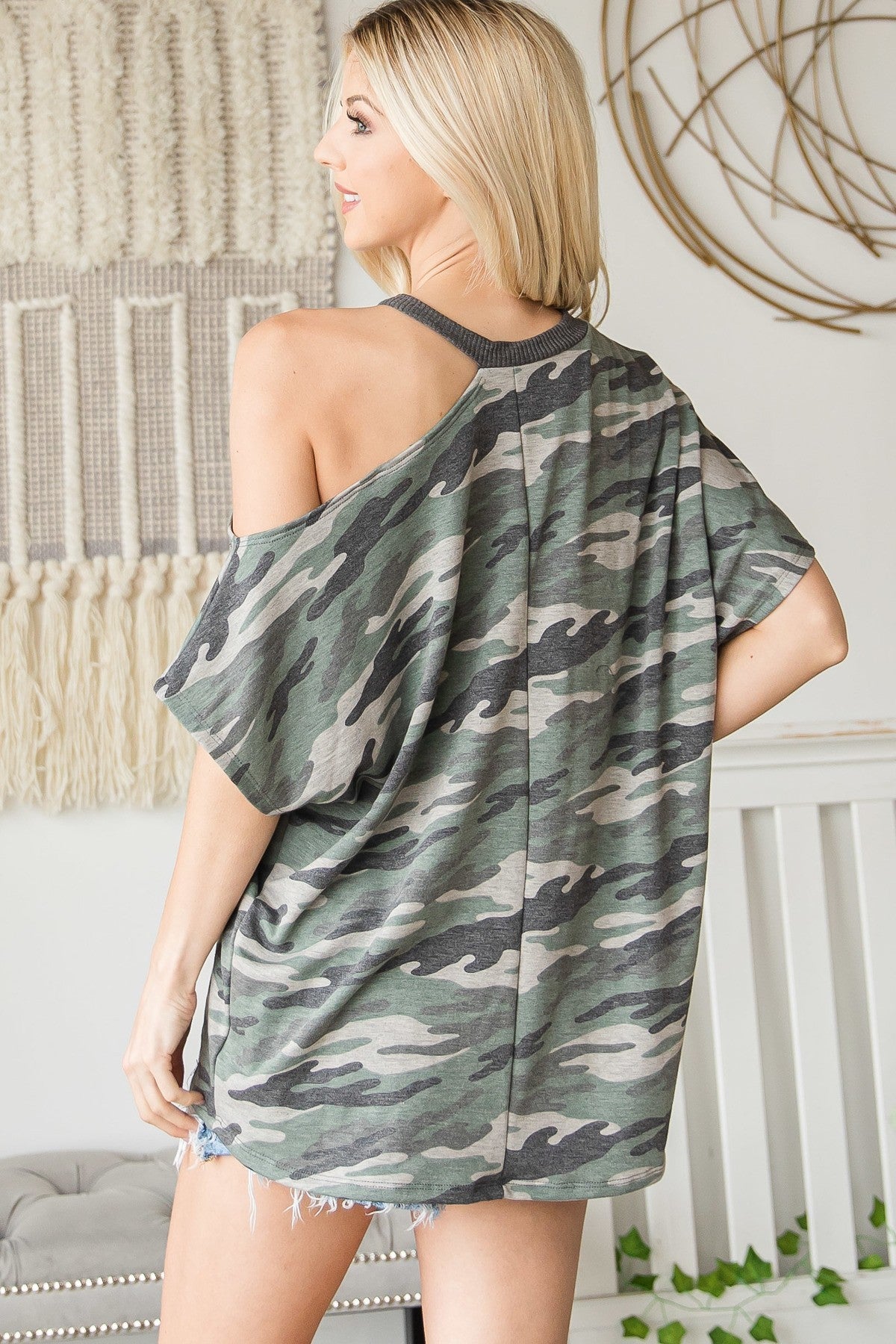 Asymmetric Neck Contrast Trim Camo Print Top - Absolute Fashion 2020