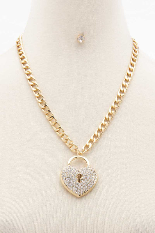 Rhinestone Heart Lock Curb Link Necklace - Absolute Fashion 2020