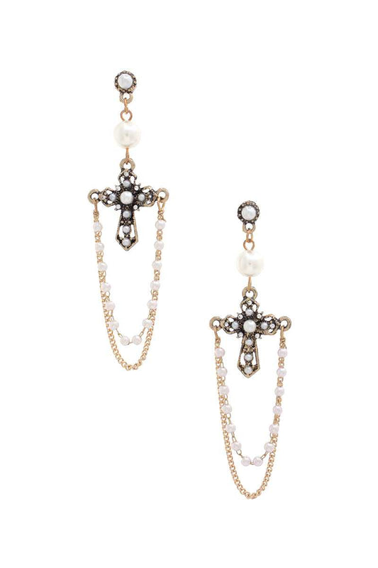 Cross Pearl Bead Dangle Earring - Absolute Fashion 2020