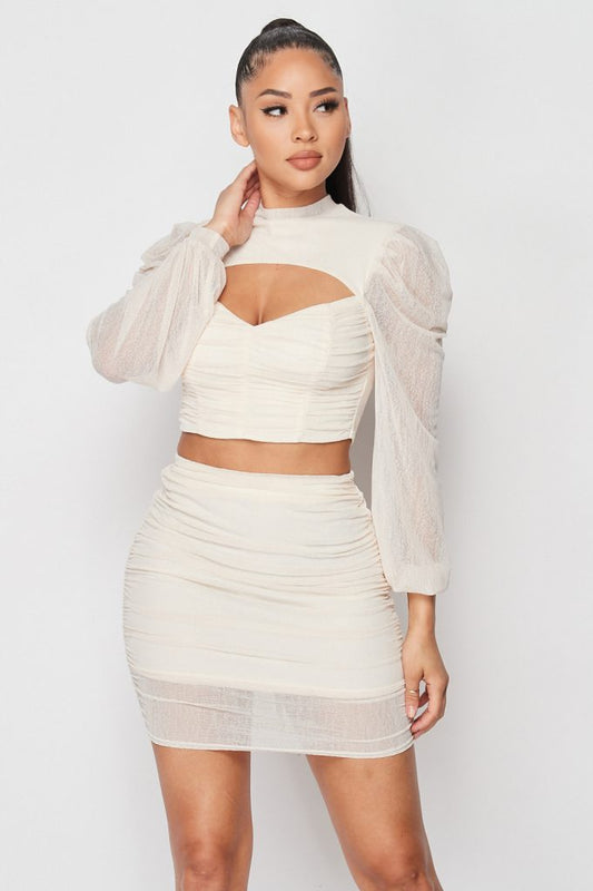Sexy Sheer Cutout Puff Sleeved Top And Skirt Set - Absolute Fashion 2020